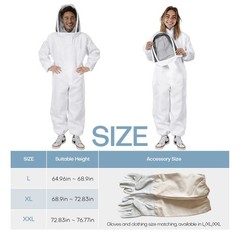Full Body Beekeeping Suit Set w/ Detachable Ventilated Veil & Free Gloves Unisex