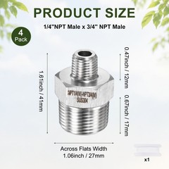 4-Pack 304 Stainless Steel 1/4″NPT Male x 3/4″ NPT Male Hex Nipple Pipe Fitting