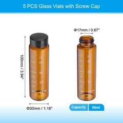 5PACK 50ml Amber Glass Vials with Black Screw Caps Sealed Bottles with Scale