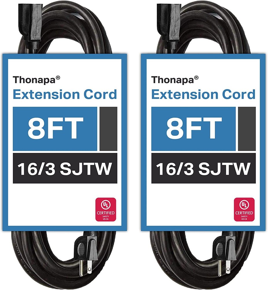 Thonapa 16/3 8 Ft Outdoor Extension Cords – 2 Pack Black Durable Black Cable