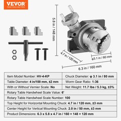 VEVOR Rotary Table for Milling Machines 4” Horizontal Vertical with 3-Jaw Chuck