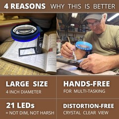 VisionAid 30X 10X Hands-Free Magnifying Glass with Stand, LED Lights, Loupe Hand