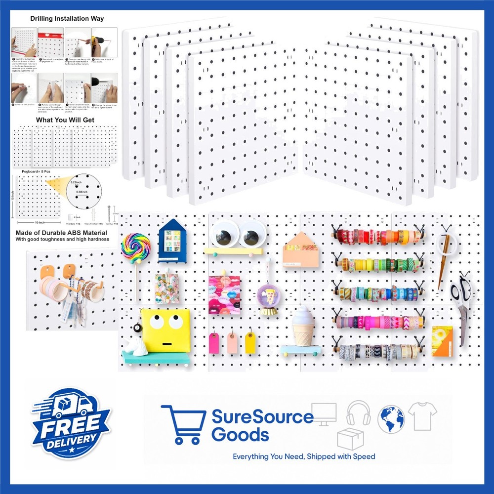 8Pcs White Pegboard Panels with Mounting Kits for Easy Installation and Storage