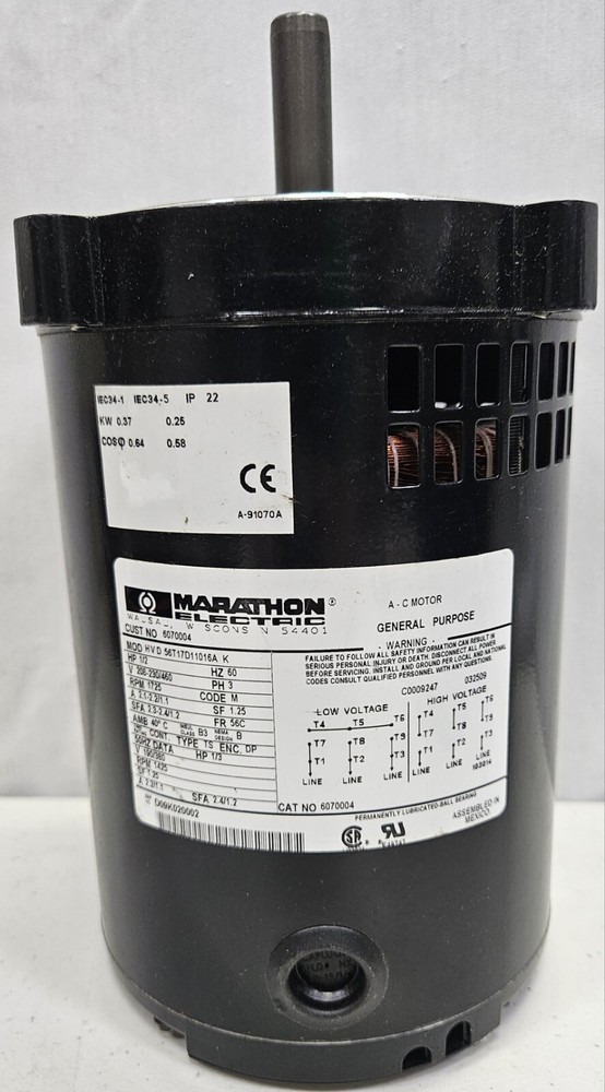 Marathon 1/2 HP Electric Motor 3 Phase 56T17D11016AK 1725 RPM 208-230/460V