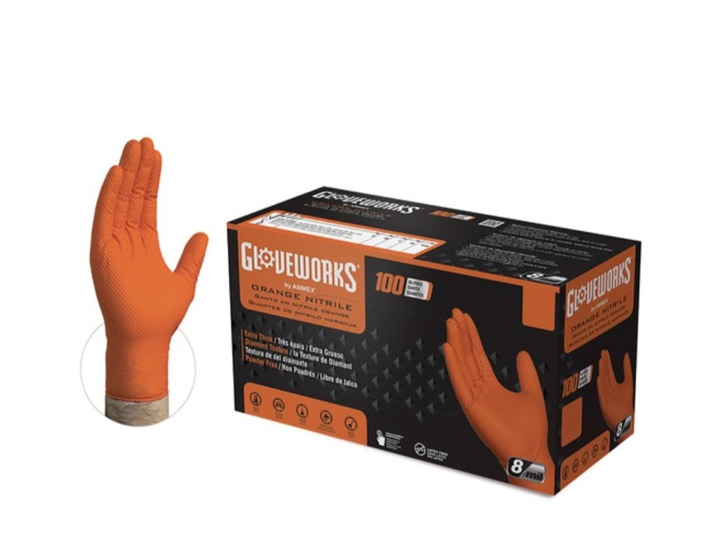 Ammex Glovework GWON49100 Disposable Nitrile Gloves Diamond Grip, Orange, 2XL￼￼