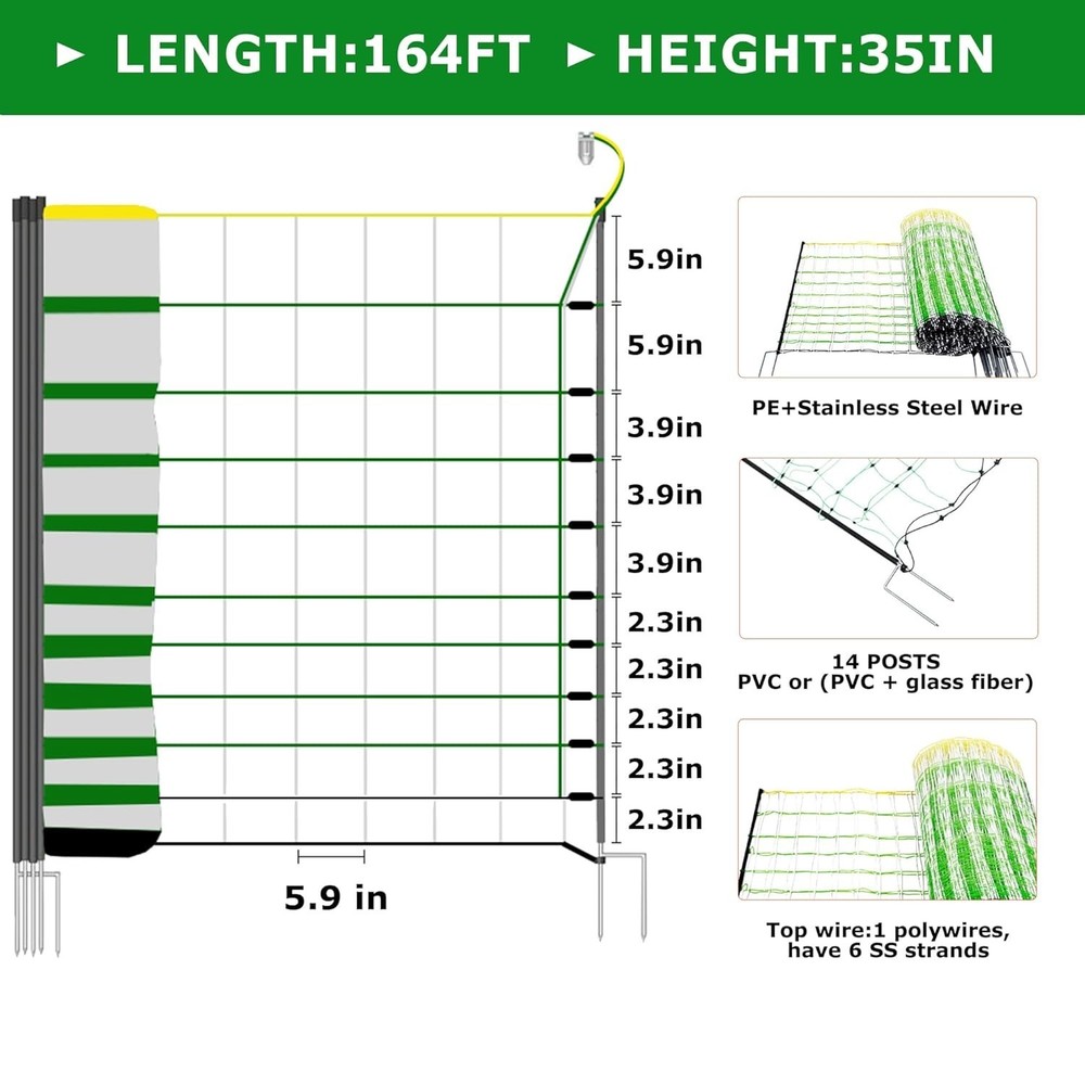 LYDITE FENCE Electric Fence Netting, Semi-Rigid, Double-Spiked, 35″ H x 164′ L,