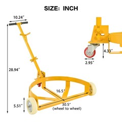 55 Gallon Drum Dolly, 1200lbs capacity, with 2 fixed PU Wheels and 1 swivel whee