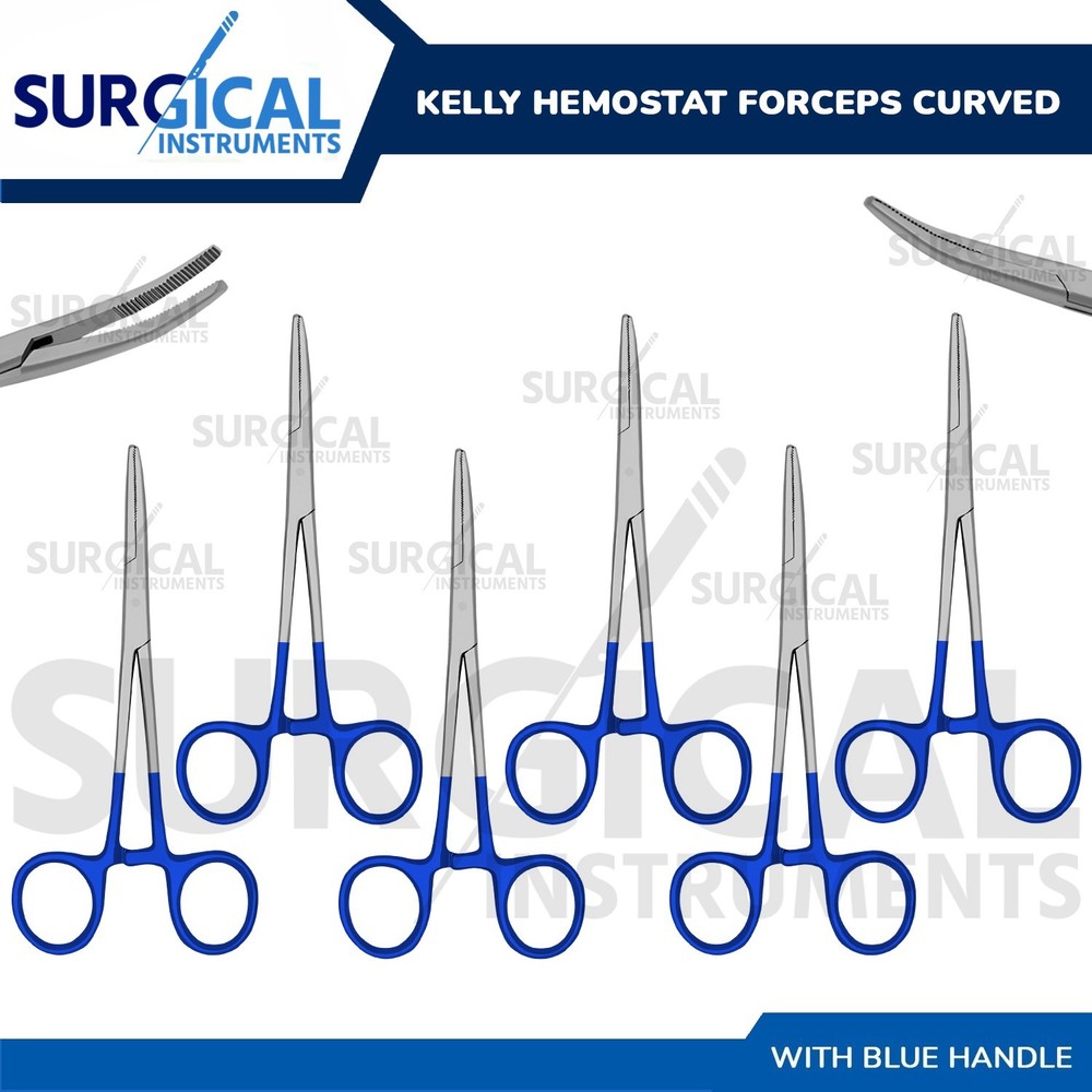 BLUE – 6 Pcs Kelly Hemostat Forceps 5.5″ Curved Surgical Dental German Grade