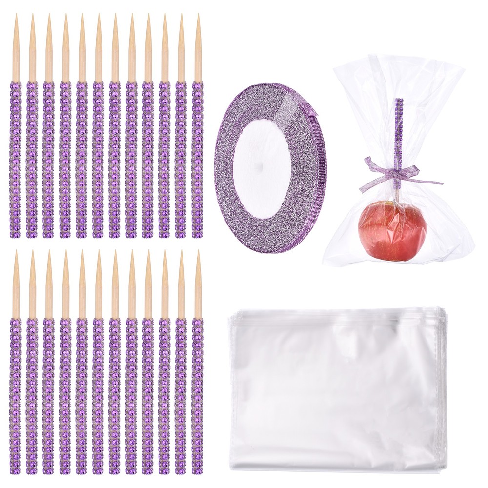 Candy Apple Stick Kit, 24P Purple Apple Wooden Skewers with Bags/Purple Ribbon