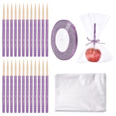 Candy Apple Stick Kit, 24P Purple Apple Wooden Skewers with Bags/Purple Ribbon