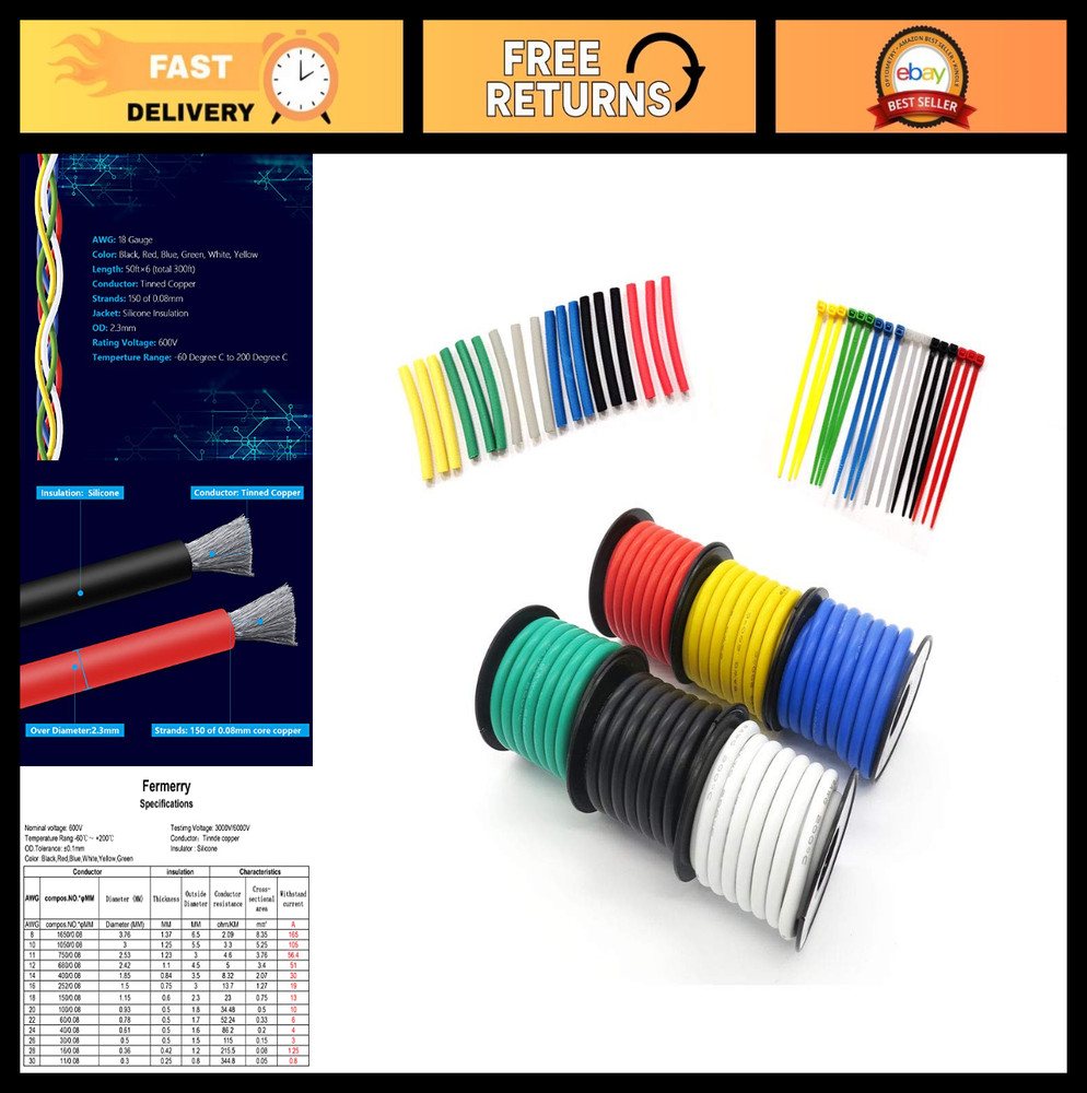 18 AWG Silicone Hook-Up Wire Kit – 50ft Spool, 6 Colors, Flexible Tinned Copper