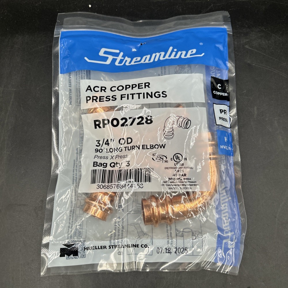 NEW RP02728 3/4 Long Turn Elbow Streamline ACR Copper Press Fittings (Bag of 3)