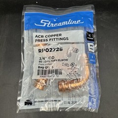 NEW RP02728 3/4 Long Turn Elbow Streamline ACR Copper Press Fittings (Bag of 3)