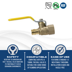 1 Piece 1/2 PEX A FEMALE BALL VALVE, 1/2 EXPANSION X 1/2 FNPT VALVE, F1960