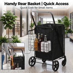 Collapsible Rolling Grocery Cart 88LB Load Capacity w/ Oxford Cloth Liner Black