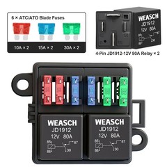 12V 6 Way Fuse Relay Box, 2 Relays and 6 ATC/ATO Blade Fuses, 4-Pin 80A Relay Bl