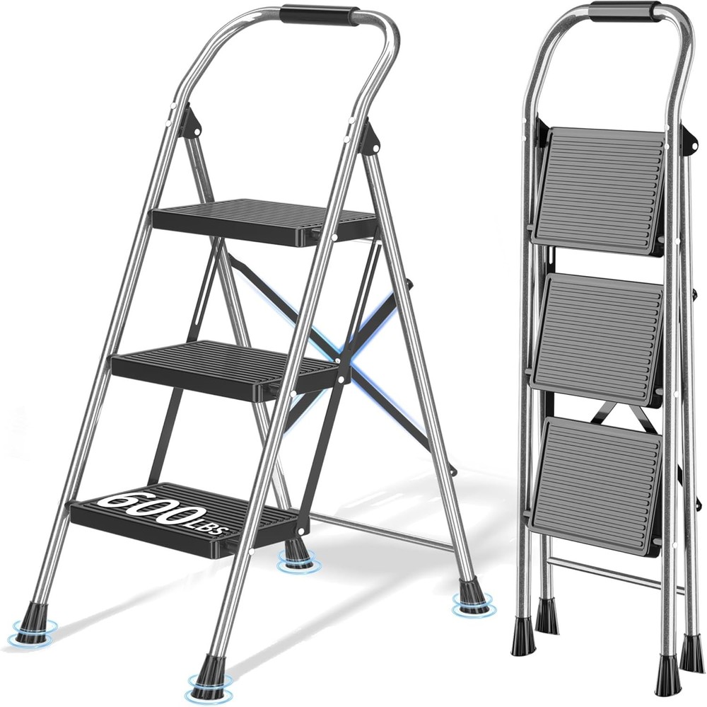 Heavy Duty Steel Folding 3 Step Ladder w/600LB Capacity