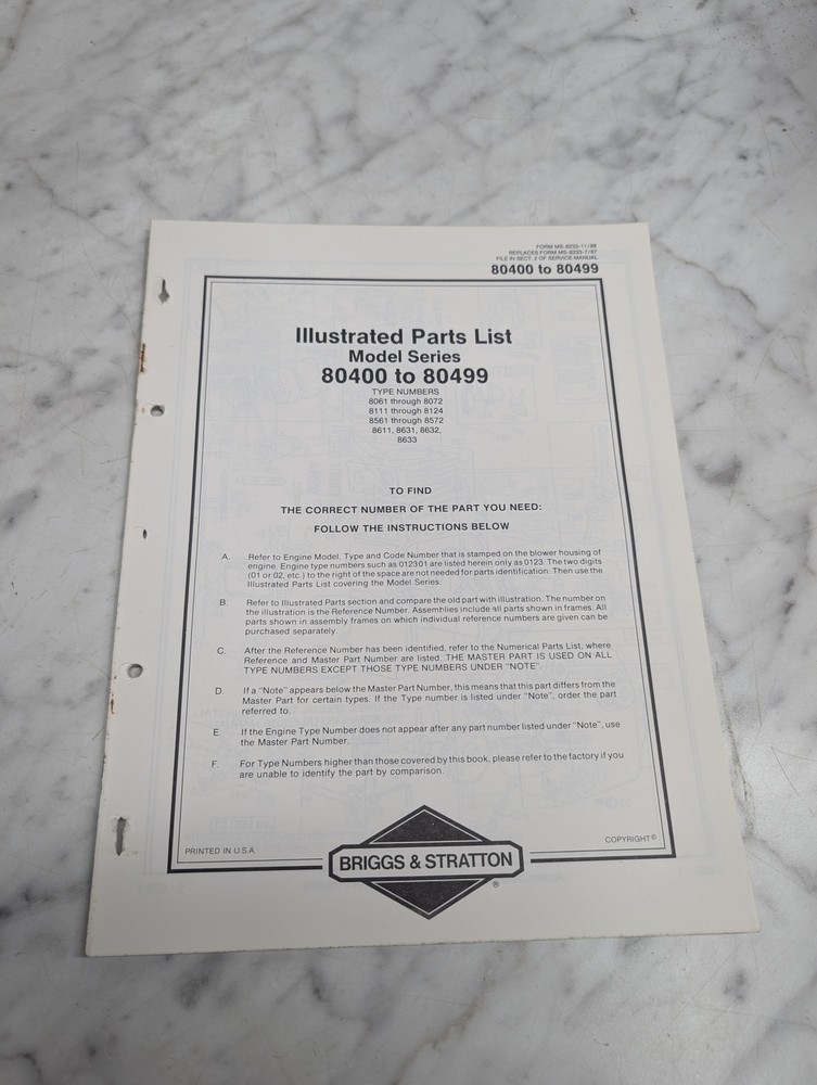BRIGGS STRATTON 80400 TO 80499 ILLUSTRATED PARTS LIST MANUAL CATALOG BOOK 1989