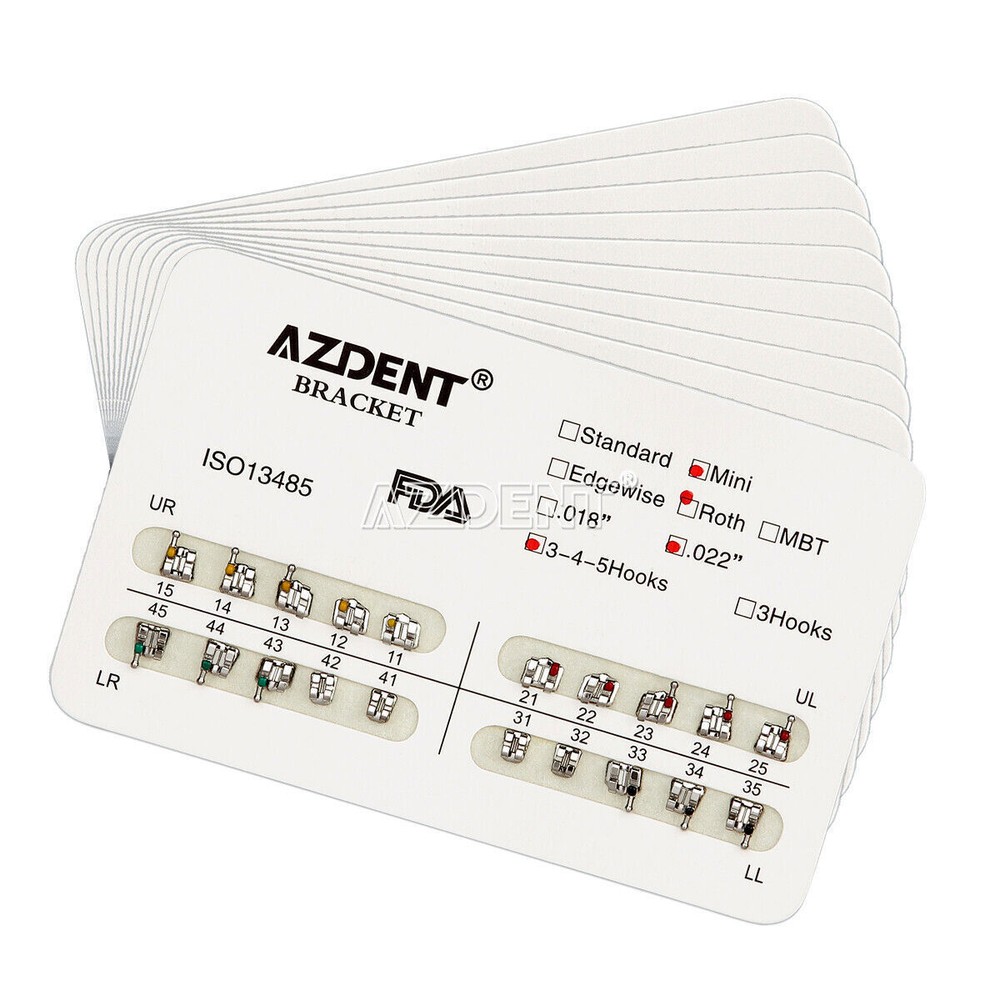 AZDENT Dental Orthodontic Metal Brackets Braces Mini Roth 0.022 Hook3/Hook345