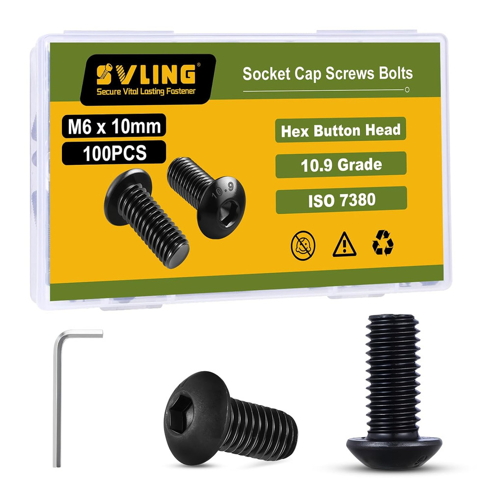 M6 x 10mm 100PCS Button Head Hex Socket Cap Screws Bolts, 10.9 Grade Alloy Steel