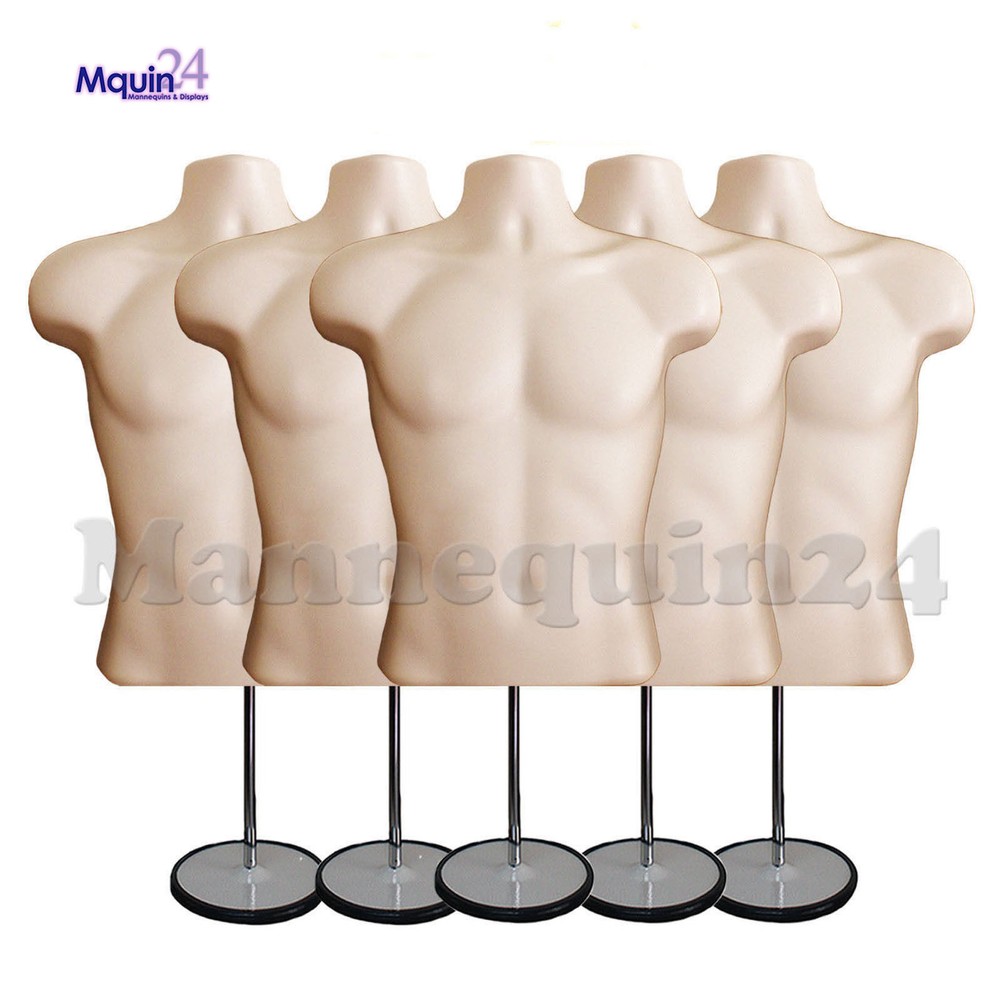 5 Pack Flesh Mannequin Male Torso Dress Forms + 5 Table Top Stands + 5 Hangers