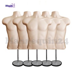 5 Pack Flesh Mannequin Male Torso Dress Forms + 5 Table Top Stands + 5 Hangers