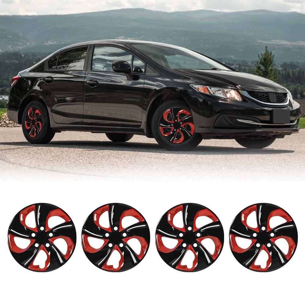15in Black Red Lacquer Steel Wheel Hubcaps 4Pcs Bolt-On for 13-15 Civic 13 Coupe