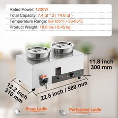 2*7.4Qt Pot Soup Warmer Commercial Soup Station Kettle Warmer Bain Marie