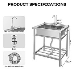 28” Stainless Steel Utility Sink Freestanding Single Bowl W/ Faucet Hot & Cold