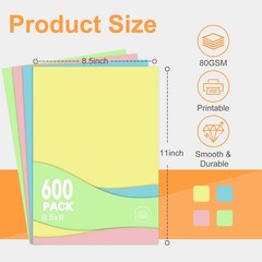 Colored Copy Paper 8.5×11 Inches, 600Sheets Letter Size Pastel Colored Paper …
