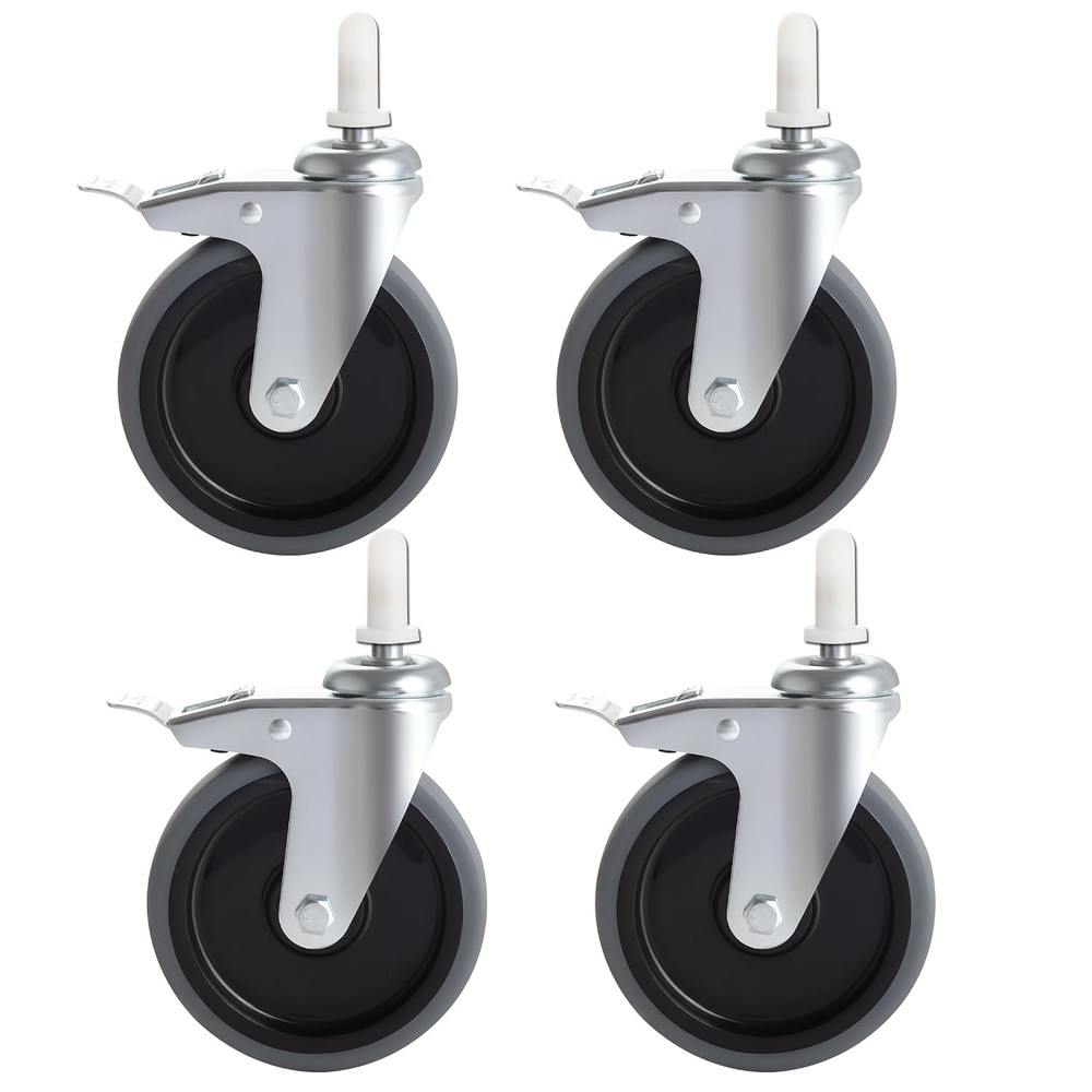 5 Inch Swivel Stem Caster W/ Brake 7/16″ Heavy Duty Rubber Wheels Set of 4