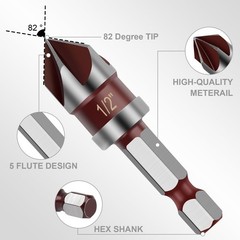 5PCS Countersink Drill Bit Set, 1/4″ Hex Shank 1/4”, 3/8”, 1/2”, 5/8”, 3/4”