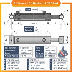 2×16 Hydraulic Cylinder 2″ Bore 16″ Stroke Welded Cross Tube Double Acting