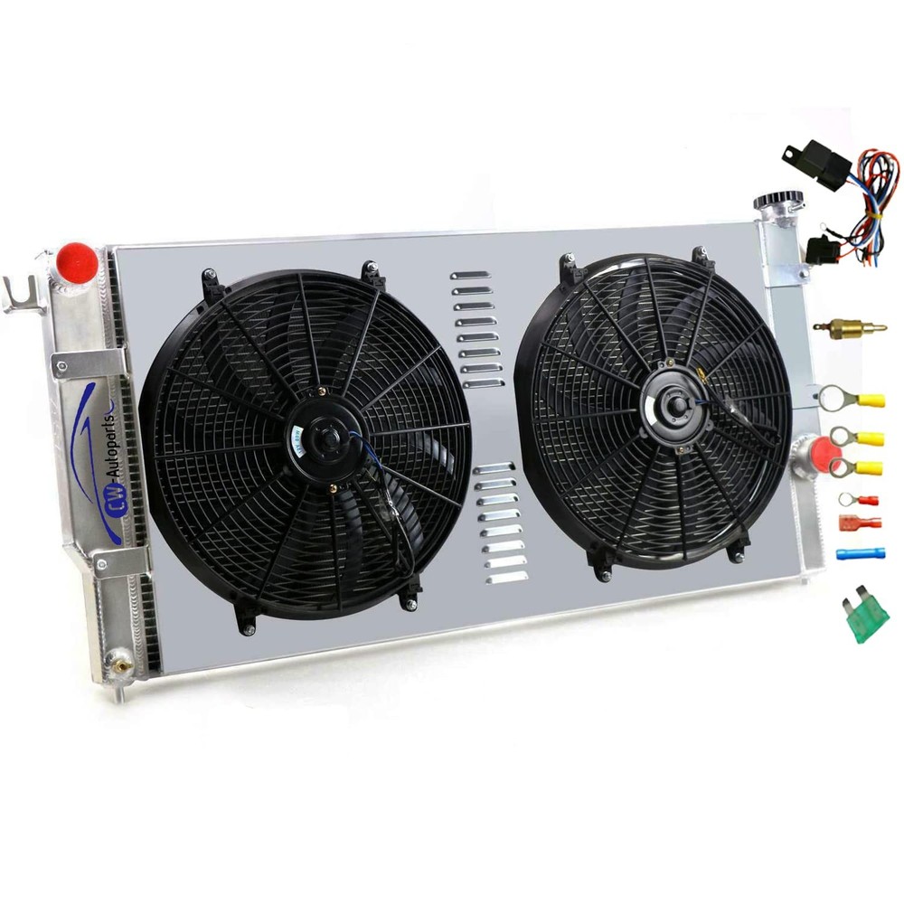 4 Row Alum Rad + 2 14″ Fans w/Shroud Relay 94-02 Dodge Ram 2500 3500 5.9L