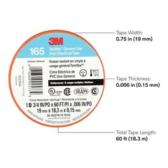 3M Temflex Multi-Purpose Vinyl Electrical Tape 165, Orange, .75in x60ft, 1 roll