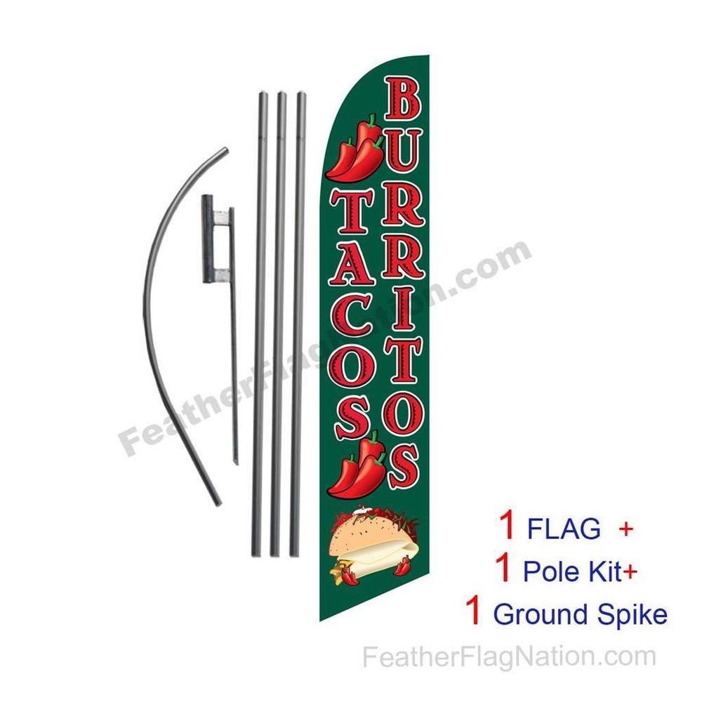 Tacos Burritos 15′ Feather Banner Swooper Flag Kit with pole+spike