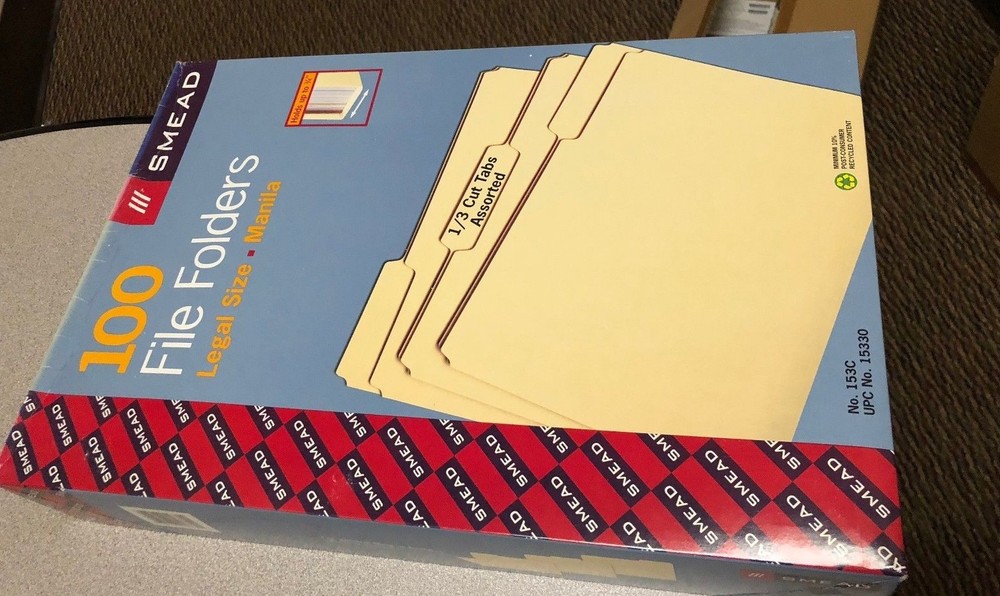 Smead 1/3 Cut Assorted Position 100 File Folders, One-Ply Top Tab, Legal, Manila