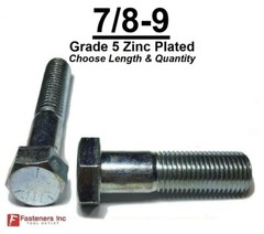 7/8-9 Hex Bolt Zinc Plated Grade 5 Cap Screw Coarse (All Lengths & Qtys)