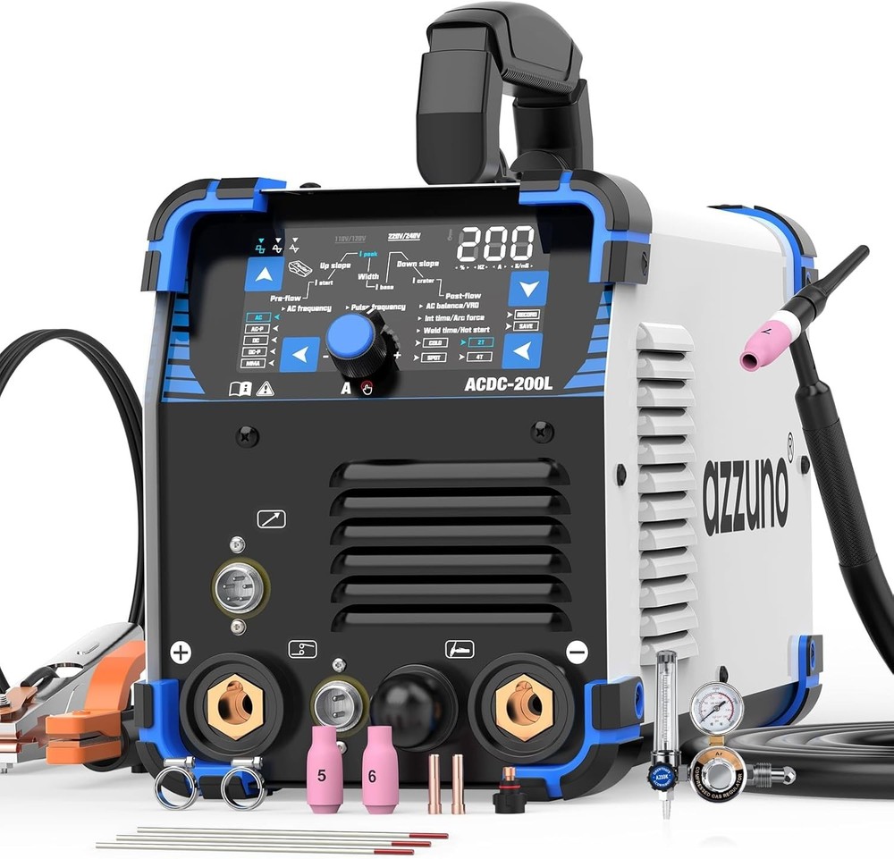 AZZUNO Aluminum TIG Welder AC/DC 200Amp with Pulse, HF/COLD/TIG/Stick 110V/220V
