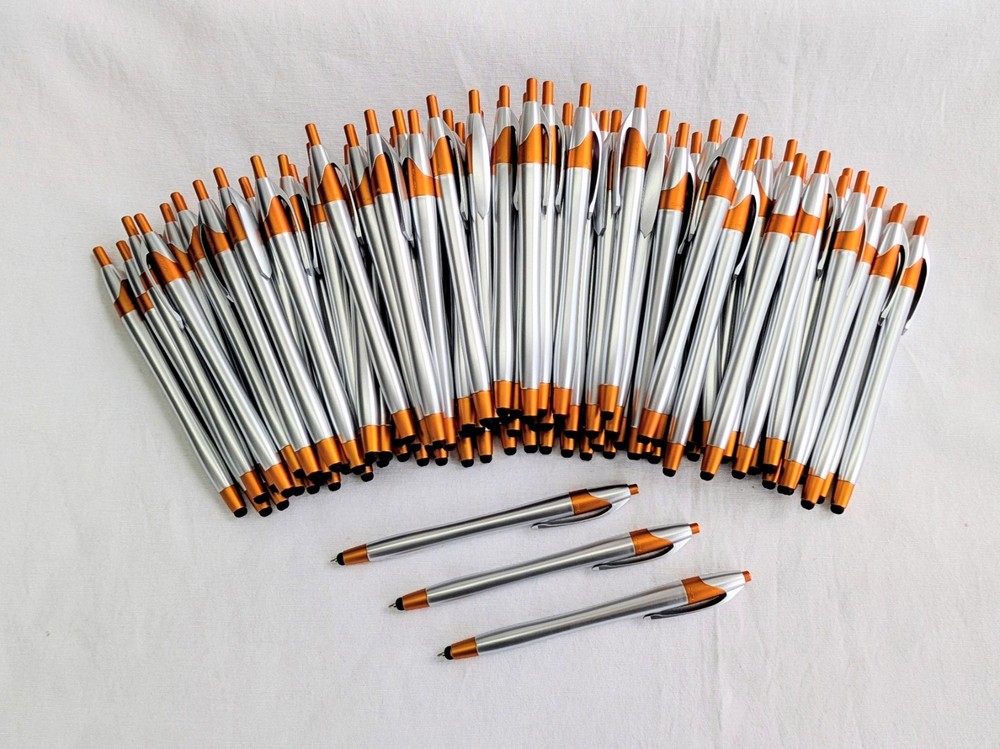 100 Stylus Tip Click Pens Javalina Hub Pen lot METALLIC SILVER & ORANGE