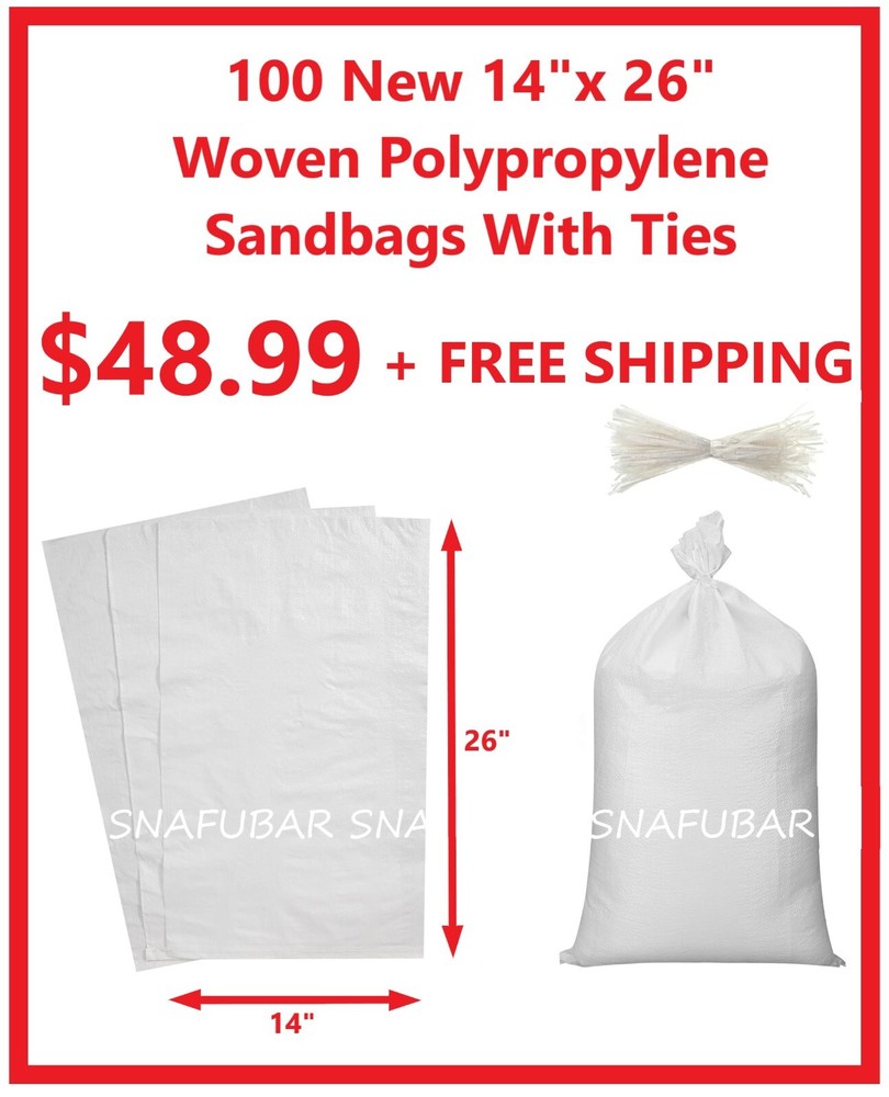 100 Empty Woven Polypropylene Sandbags with Ties (14” x 26”) for Flood Defense