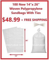 100 Empty Woven Polypropylene Sandbags with Ties (14” x 26”) for Flood Defense