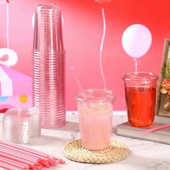 25 Sets Clear Plastic Cups with Heart Shaped Pink Straws and Strawless Lids