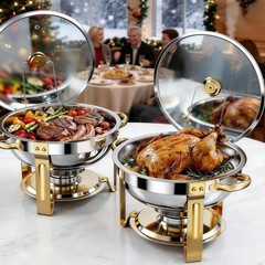 4 PCS 9Qt Round Chafing Dish Buffet Set 316 Stainless Steel Gold W/Glass Lids