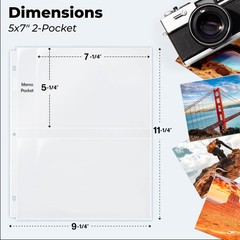Photo Album Sleeves 2 Pocket 5 x 7 In Page Sheet Organizer 3 Ring Binder 25