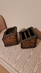 Vintage 4 Pc Woven Bamboo Rattan Wicker Desk Organizer Set Pencil Letter Boho
