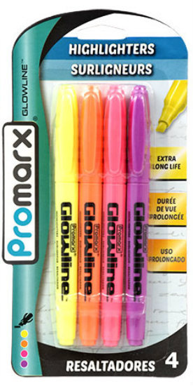 Promarx Pocket Highlighters, Chisel Tip, 4 Count Pack ~Yellow Orange Pink Purple