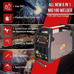 LOTOS MIG180SP MIG Welder with Aluminum Spool Gun, 180A 110/220V, 6 in 1 Gas MIG