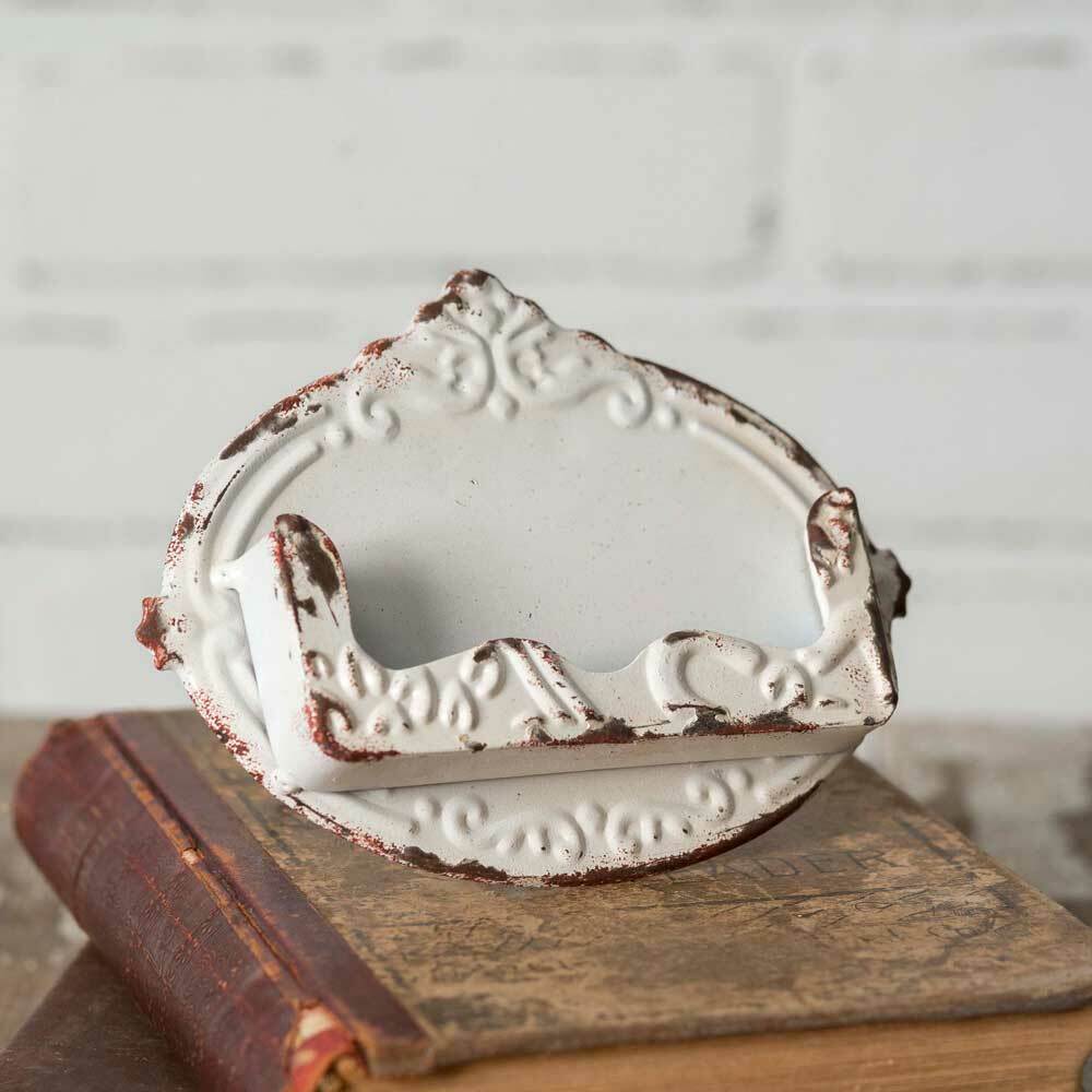 White Embossed Distressed Painted Metal Business Card Holder Pocket Vintage Look