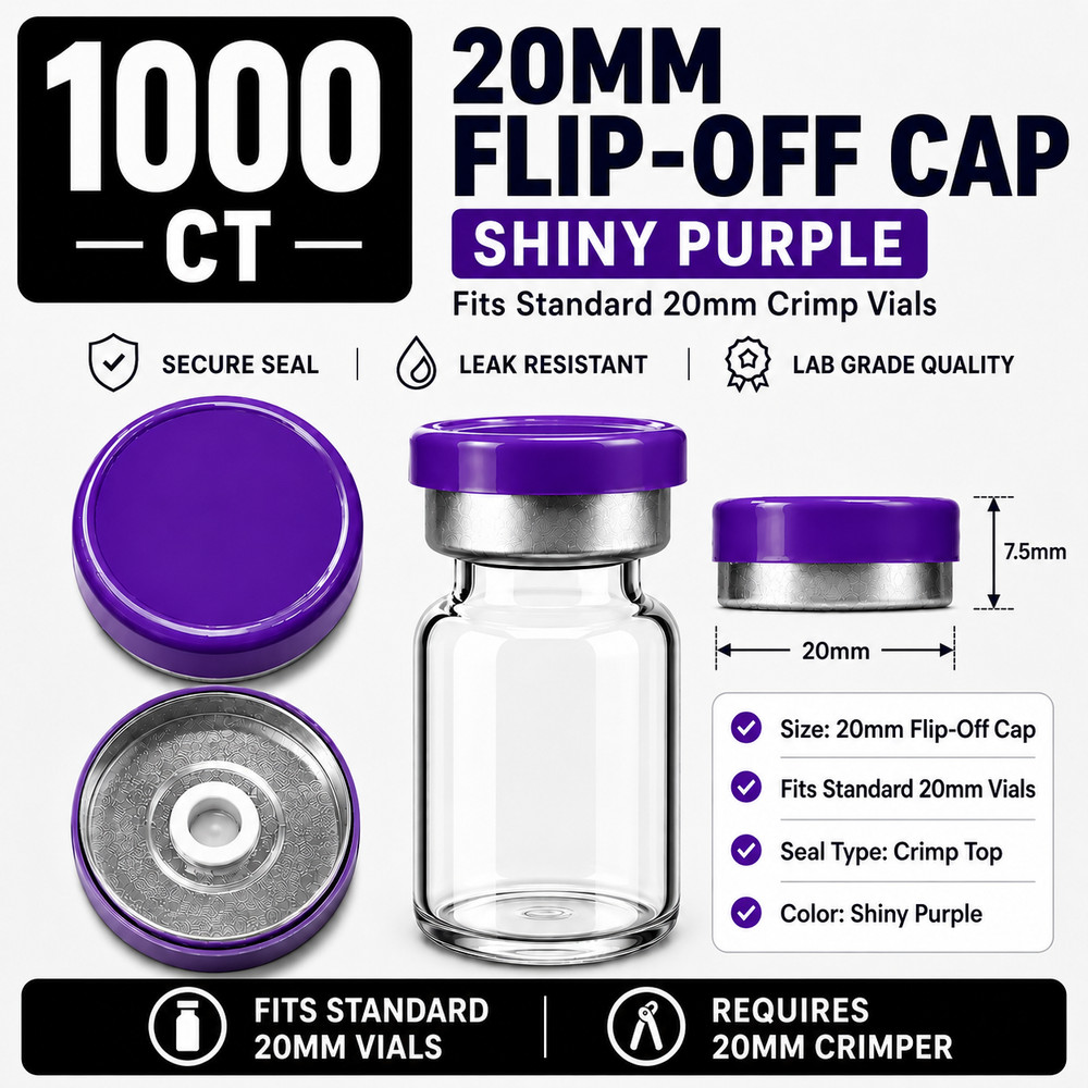 20mm Vial Flip Off Caps Aluminum Seals 1000 Pack Shiny Purple Crimp Tops